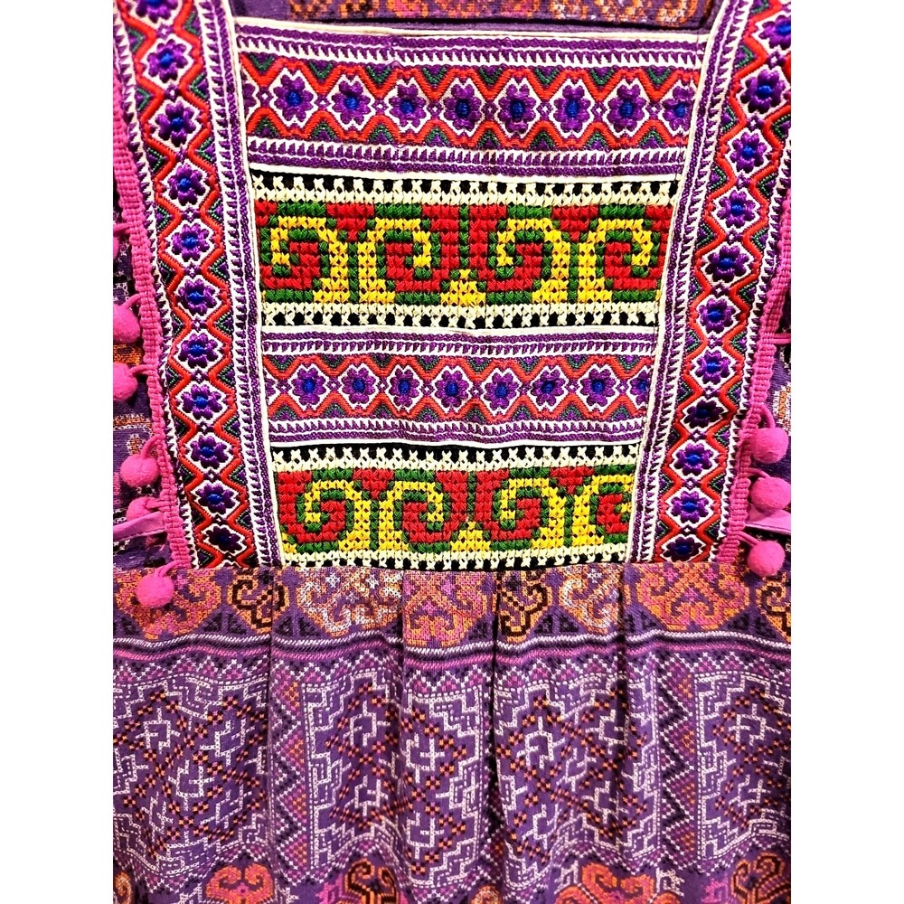 Handmaid Folklore Cross-Stich Handmade Dress PomPoms Tunic Oaxaca Sz M/L #679 - Picture 4 of 12